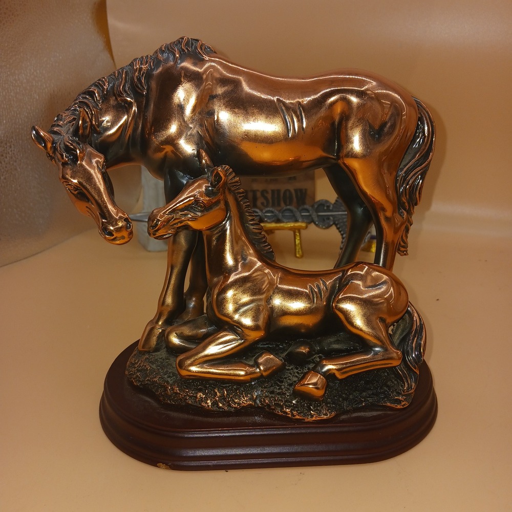 Brass Colored Mare and Foal Horse Sculpture Figurine on Wooden Base 7" x 7.5"